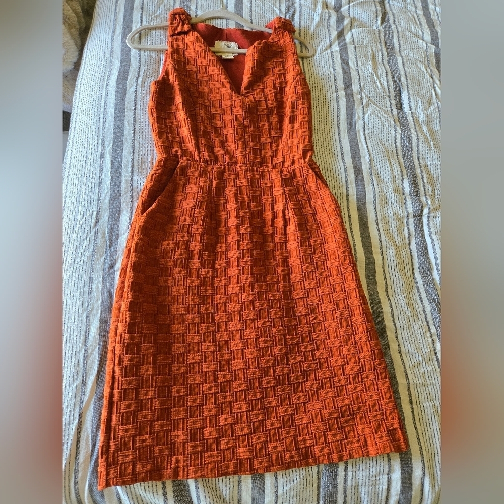 Anthropologie Tabitha Basketweave Textured Lined Pockets Dress 4 Quilted Rust - Picture 15 of 16